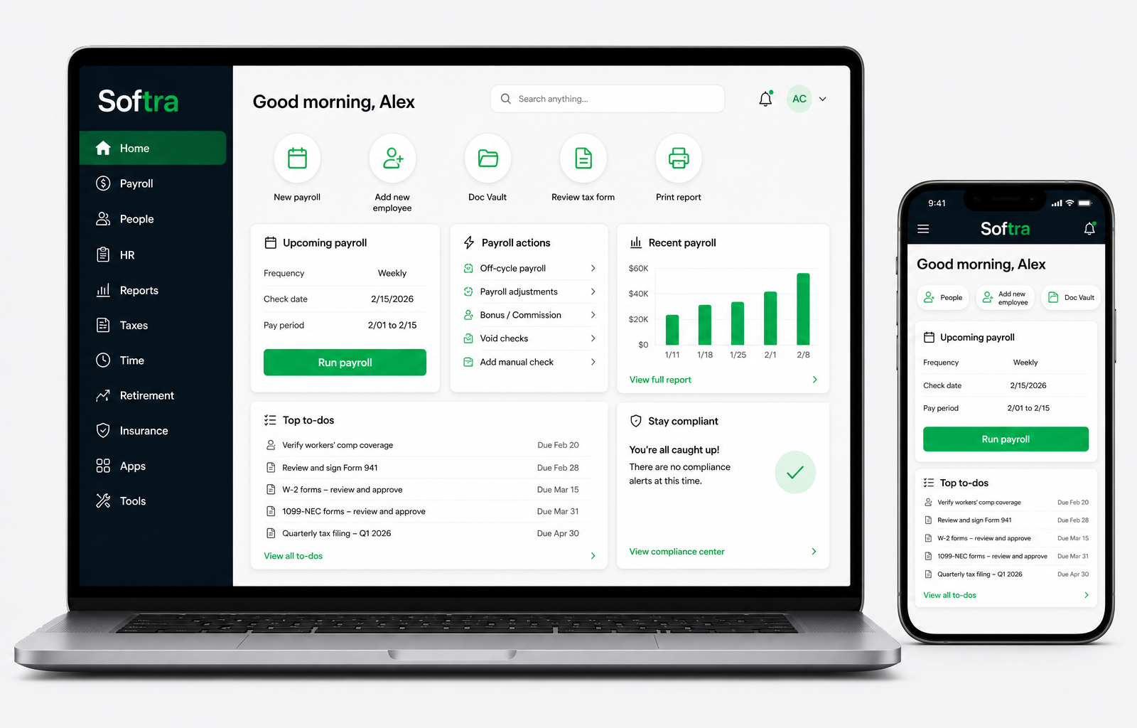 Softra payroll and HR dashboard on laptop and mobile