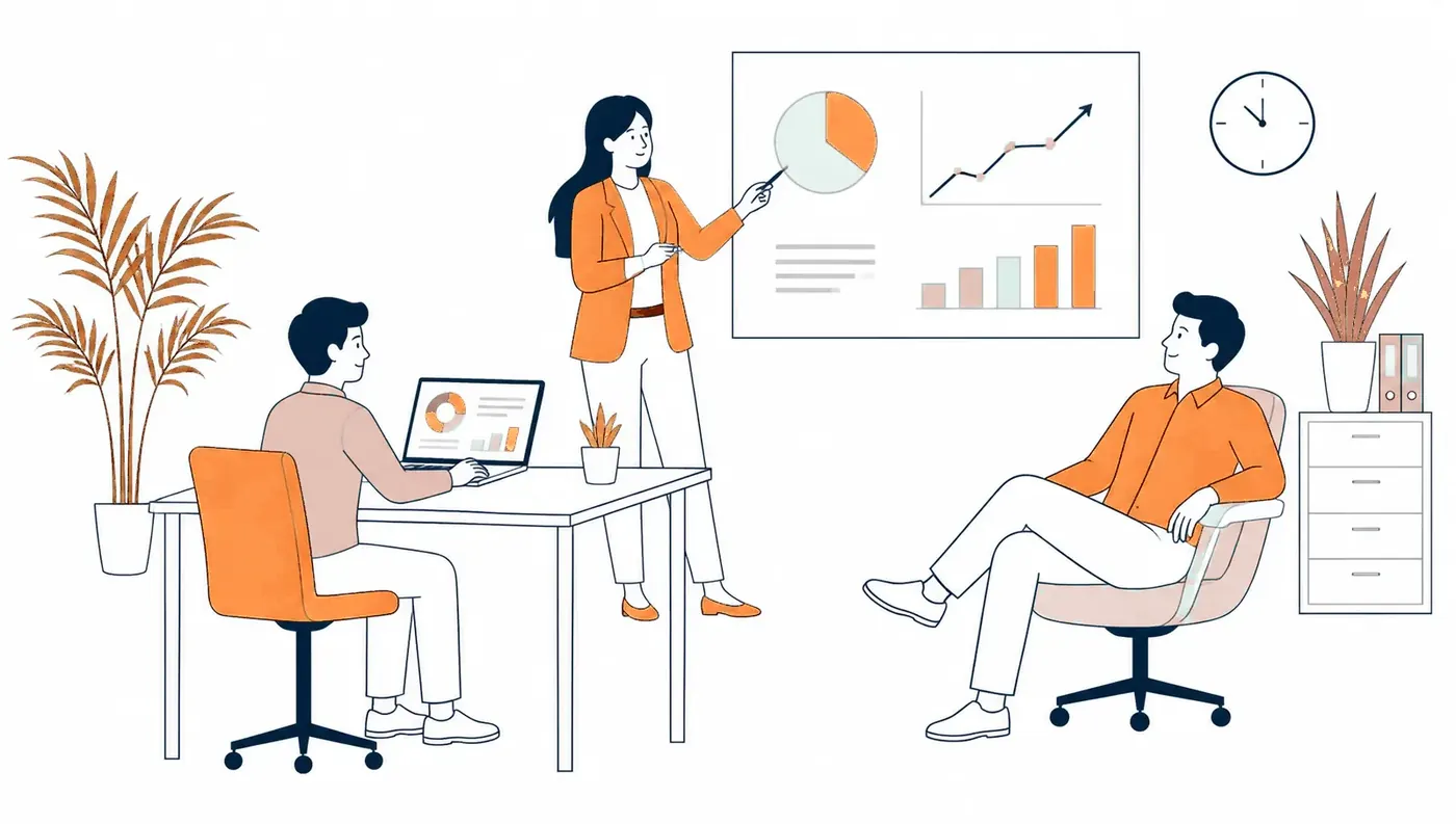 Illustration of a team reviewing payroll and people data